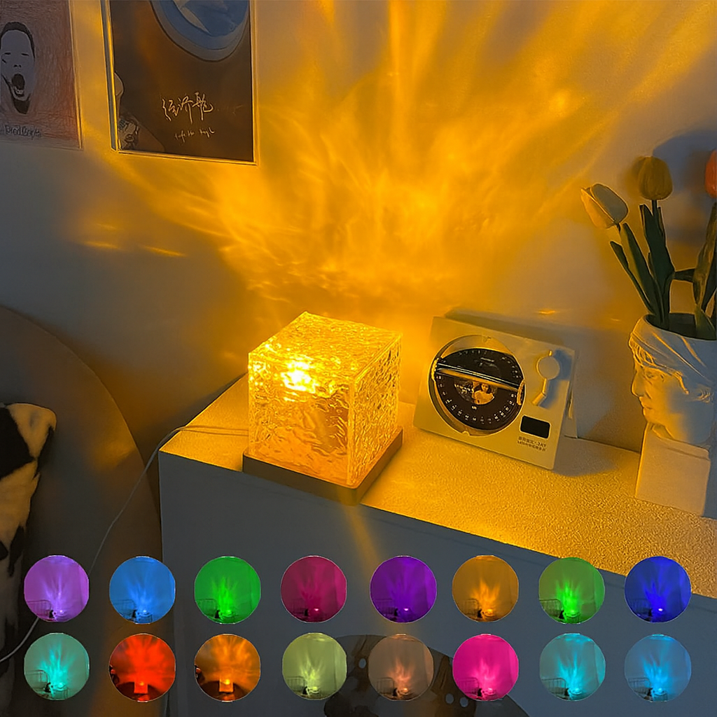 💡 Vízhullámos Kristályvetítő – 16 Szín, Forgó Naplemente Fények 🌈✨